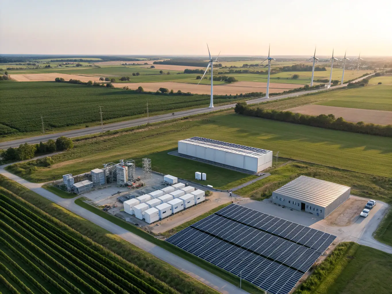 An aerial view of a sprawling energy infrastructure site, featuring wind turbines and battery storage facilities, connected by a network of power lines, all set in a lush, green landscape.