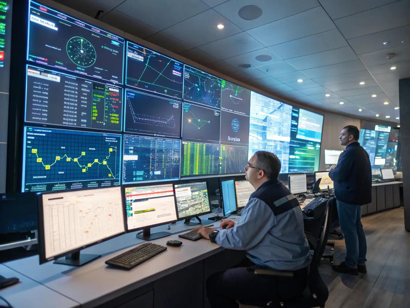 A close-up shot of a team of engineers in a control room, monitoring energy production and distribution on large screens, with graphs and data visualizations displayed prominently.